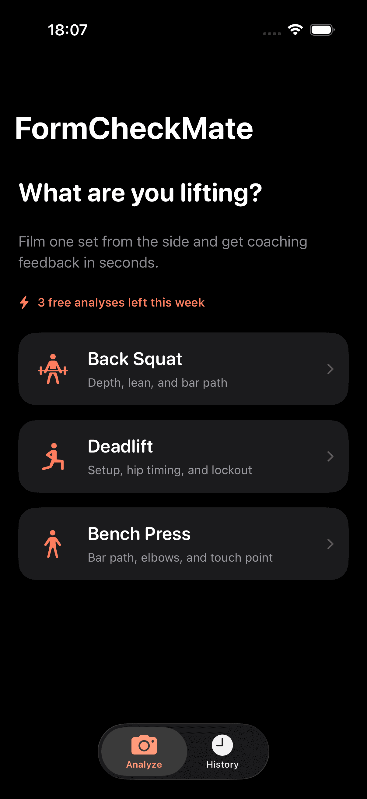 FormCheckMate home screen asking which lift you're filming, with squat, deadlift and bench press